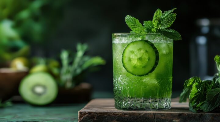 A Refreshing Cucumber And Mint Drink In A Glass With A Slice Of Cucumber And Mint Leaves As Garnish.