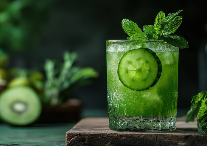 A Refreshing Cucumber And Mint Drink In A Glass With A Slice Of Cucumber And Mint Leaves As Garnish.